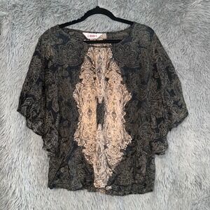 Biba Blouse Top Paisley Print Short Sleeve Black Beige Bohemian Festival